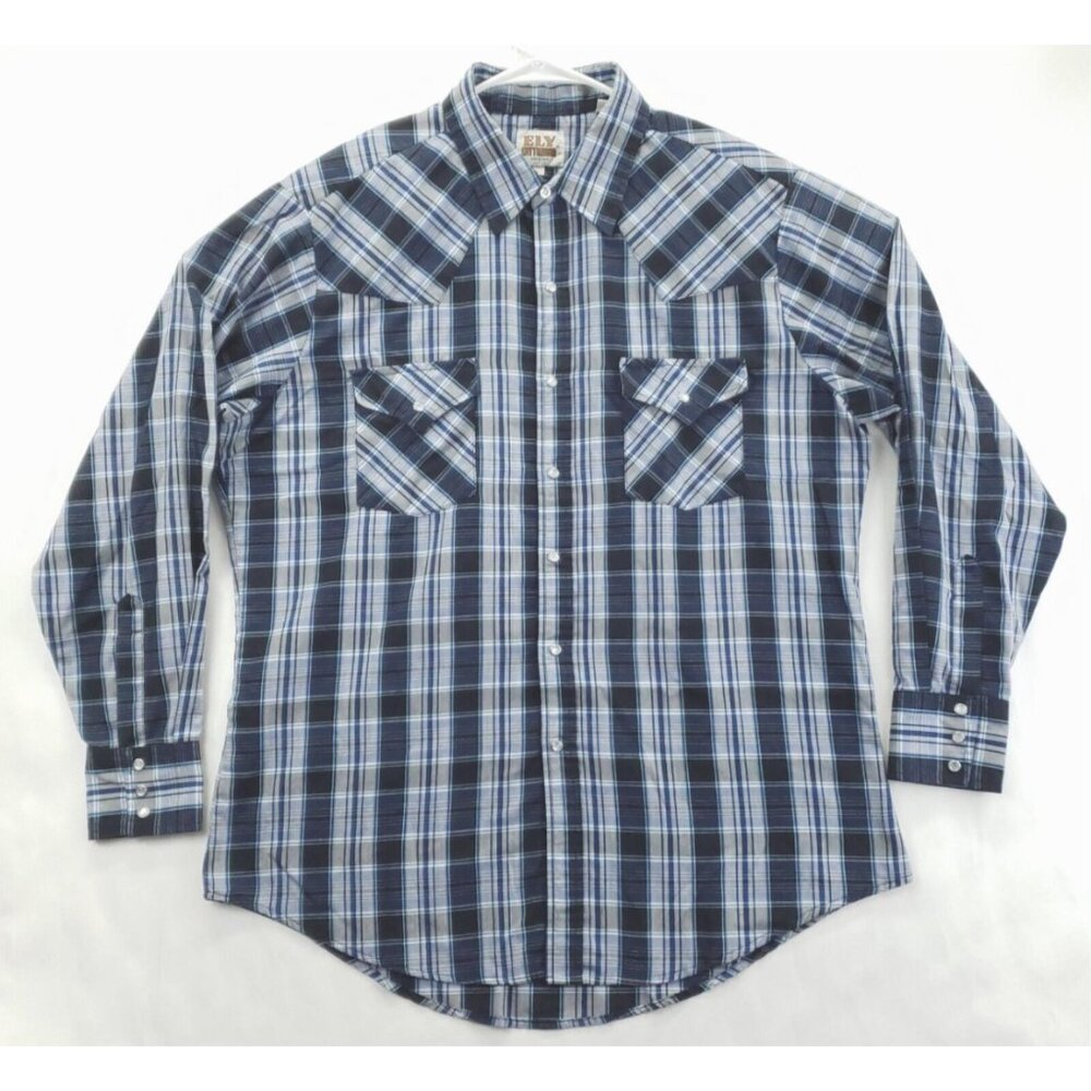 Ely Cattleman Shirt Mens L Blue Gray Western Pearl Snap Plaid Pockets